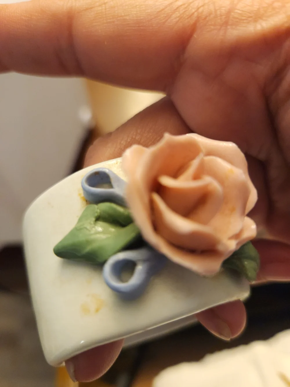 Source Unknown Porcelain Napkin Rings with Pink Roses and Blue Accents